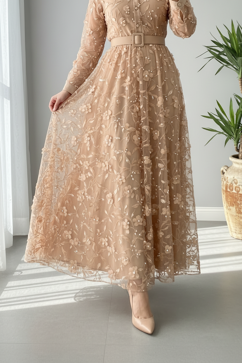 Vestido Camel Dorado Floral Bordado Tul Manga Larga Cuello Camisero A-Line cod.824