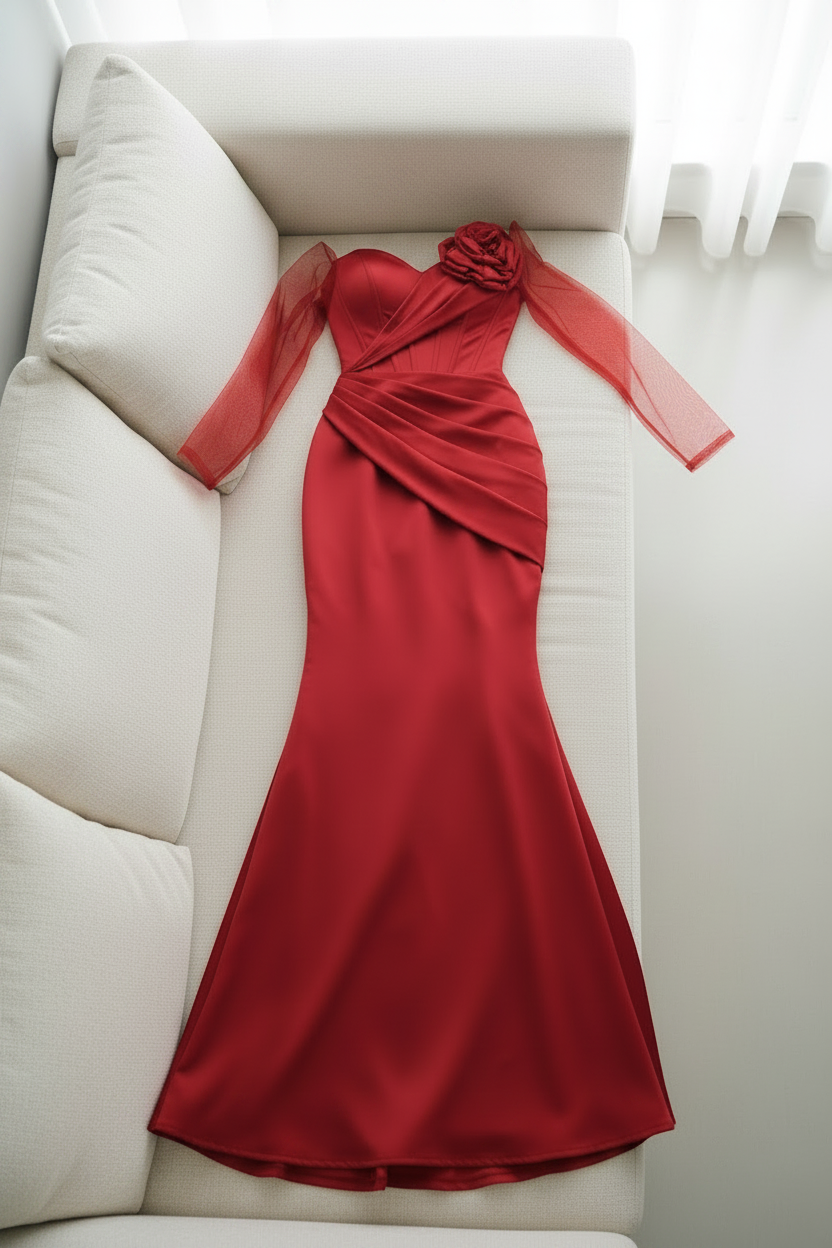 Vestido Rojo Manga Tul Asimétrica Rosa 3D Sirena cod.V431