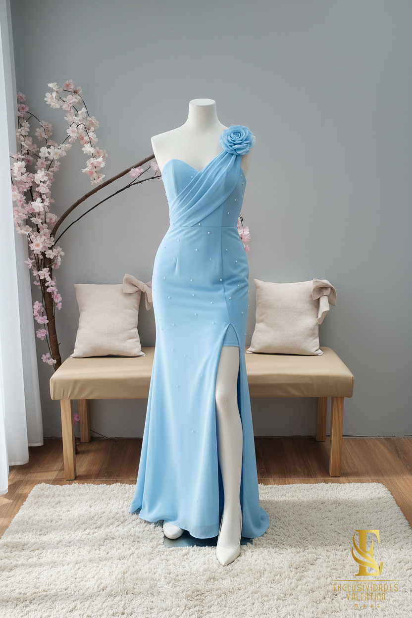 Vestido Azul Cielo Sirena Un Hombro Rosa 3D Perlas Abertura cod.V336