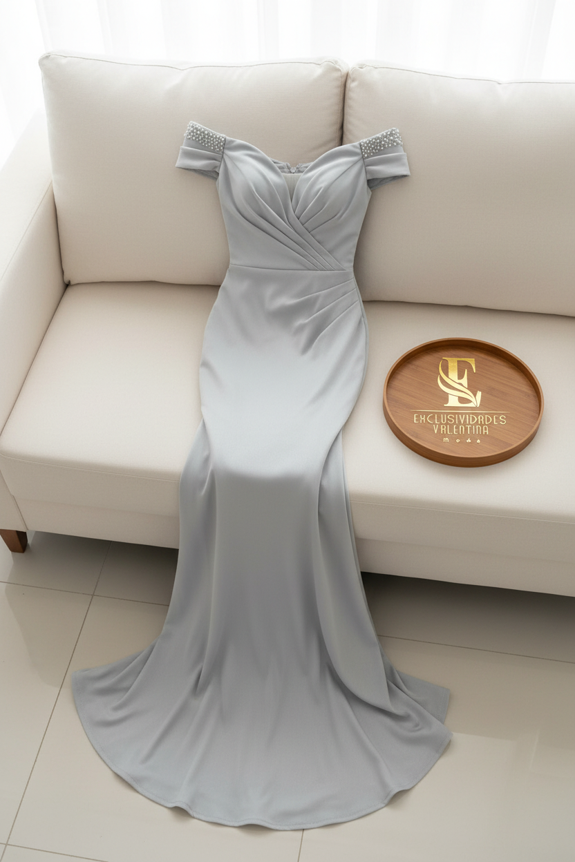 Vestido Gris Plateado Off-Shoulder Perlas cod.0013