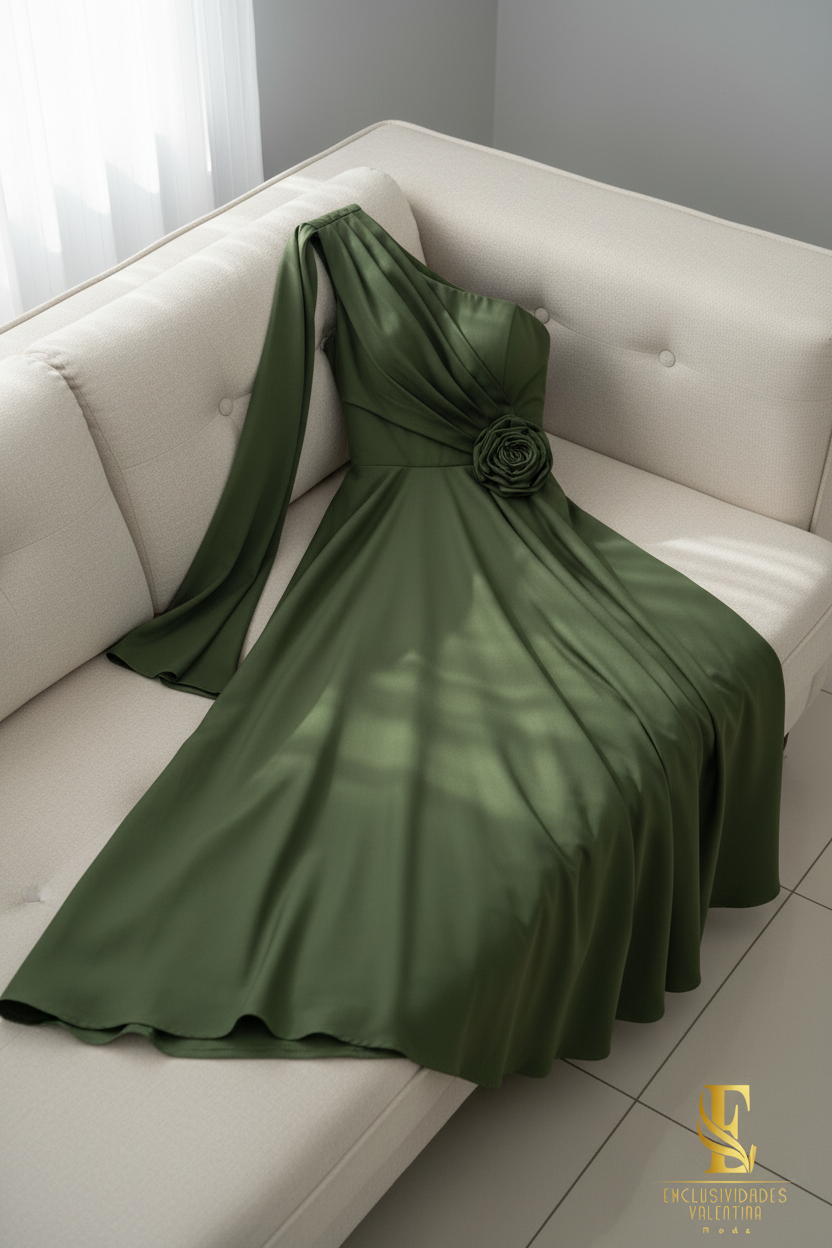 Vestido Verde Olivo Un Hombro Rosa cod.V328