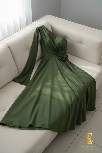Vestido Verde Olivo Un Hombro Rosa cod.V328