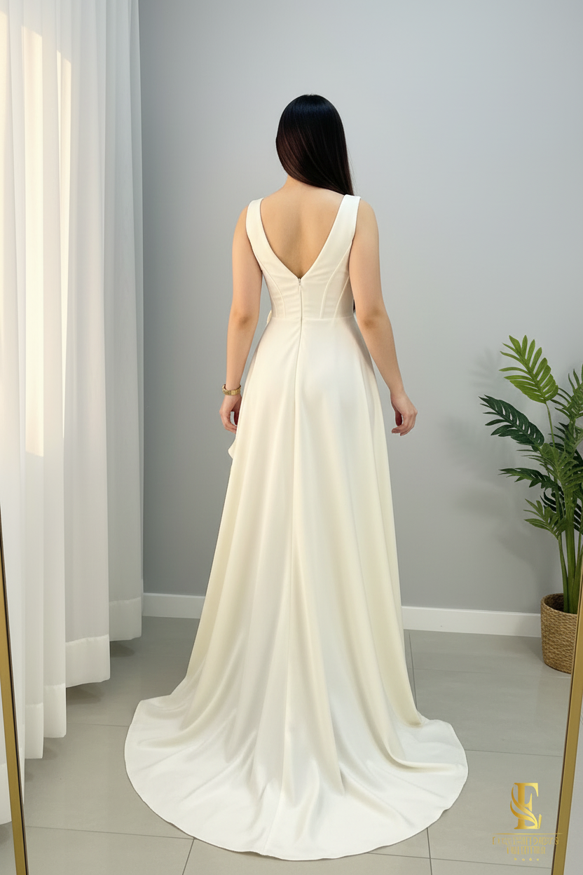 Vestido Crema Escote V Volantes Rosa Abertura cod.V333