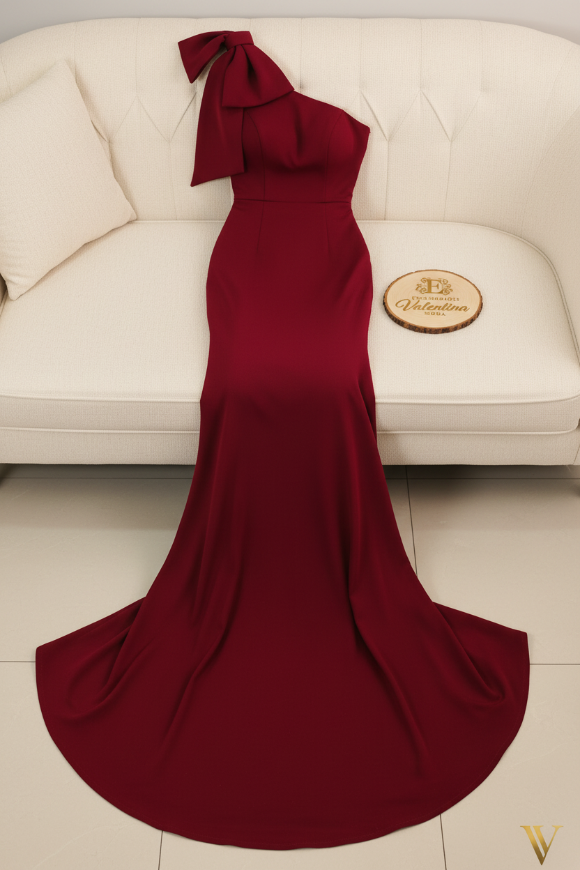 Vestido Rojo Vino Un Hombro Lazo Estructurado Sirena cod.926