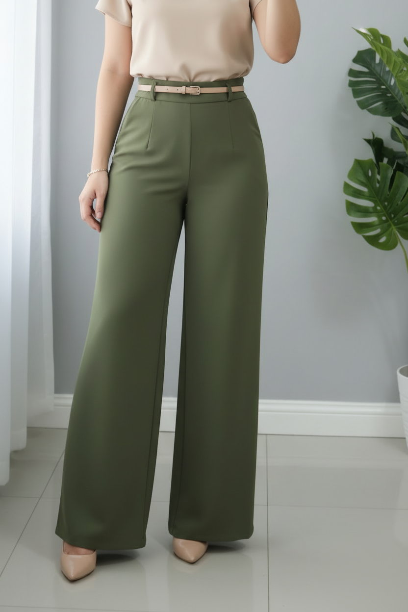 Pantalón Palazzo Verde Olivo Tiro Alto con Cinturón cod.590