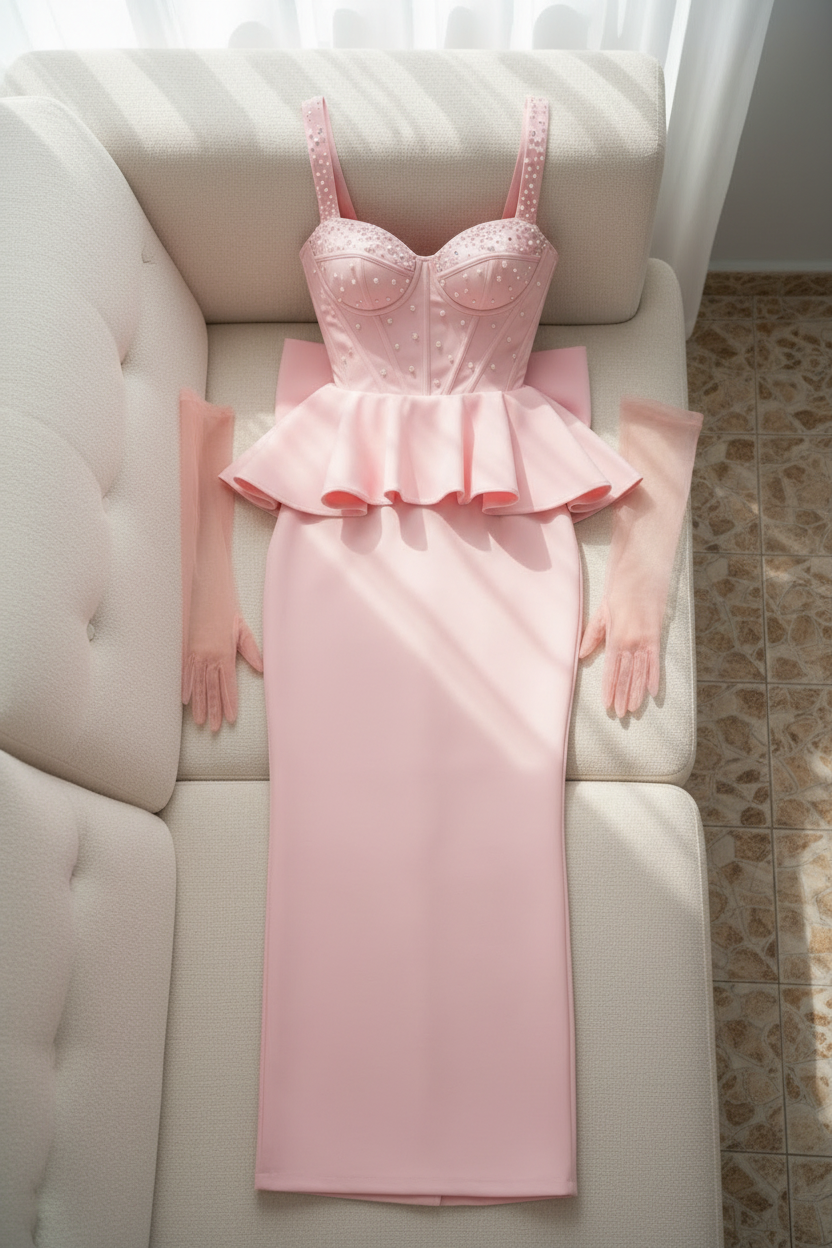 Conjunto Gala Rosa Baby Corset Perlas Peplum Doble y Lazo cod.C0033