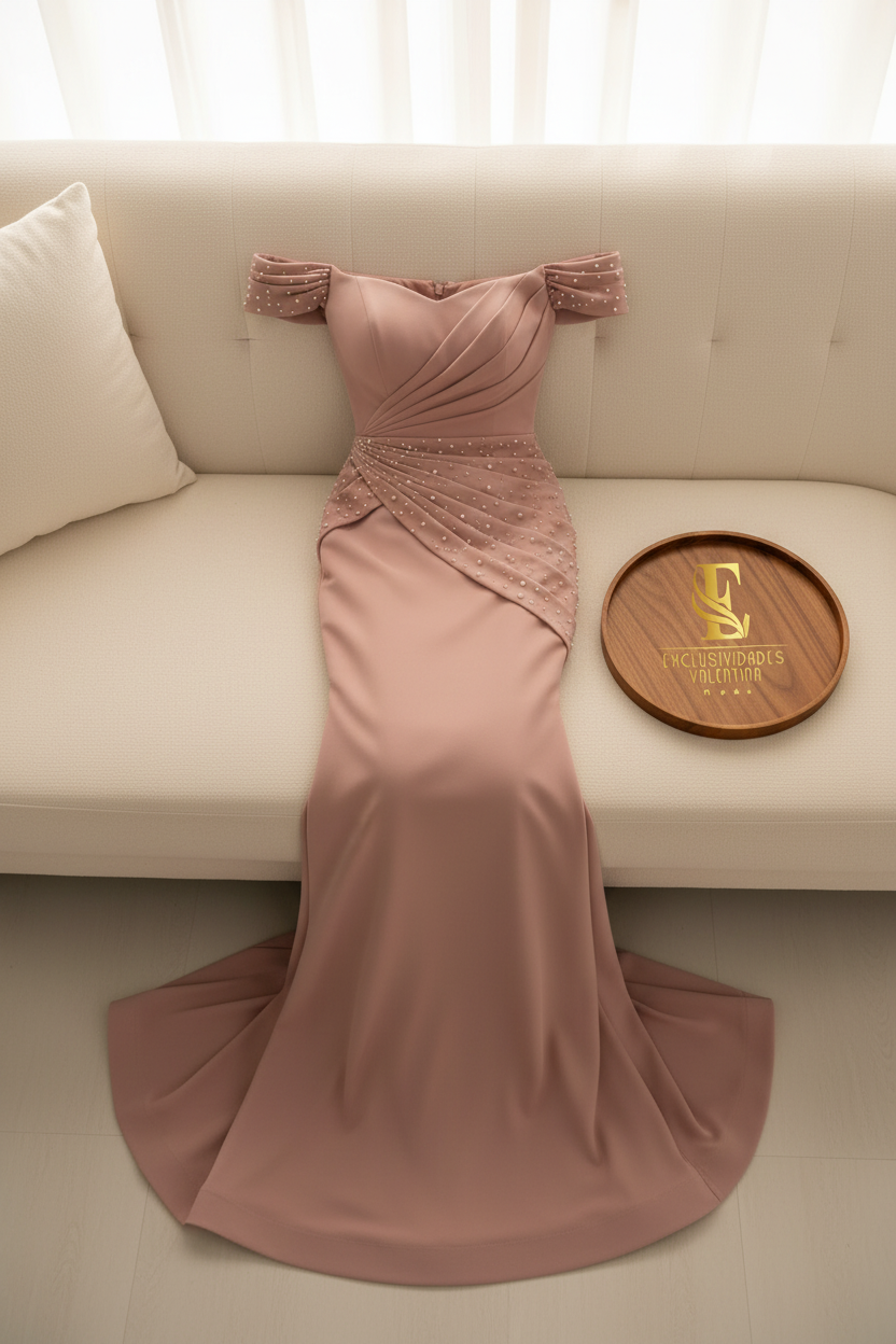 Vestido Rosa Palo Off-Shoulder Perlas Sirena cod.0022