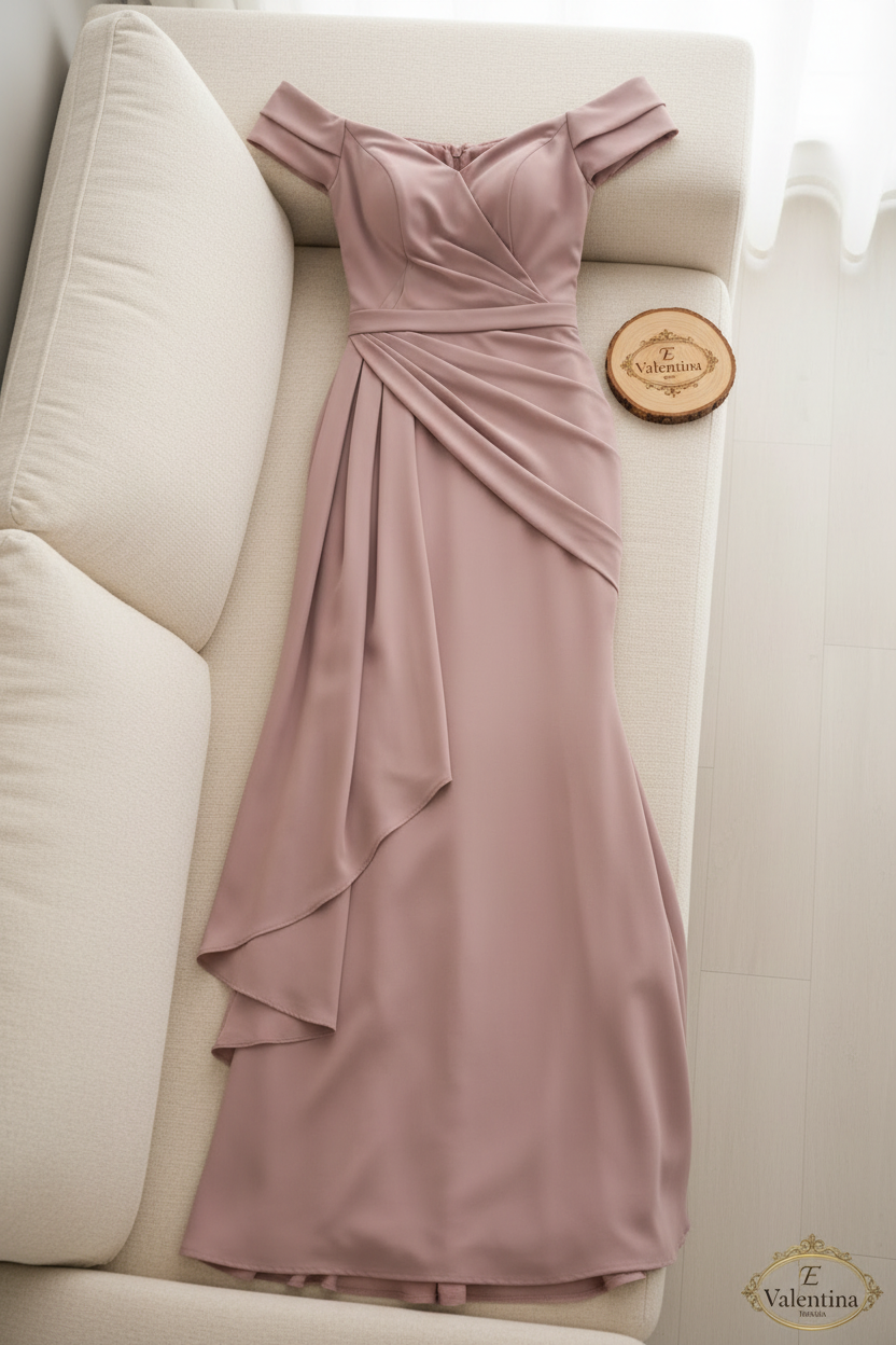 Vestido Rosa Palo Off-Shoulder Drapeado Capas cod.918