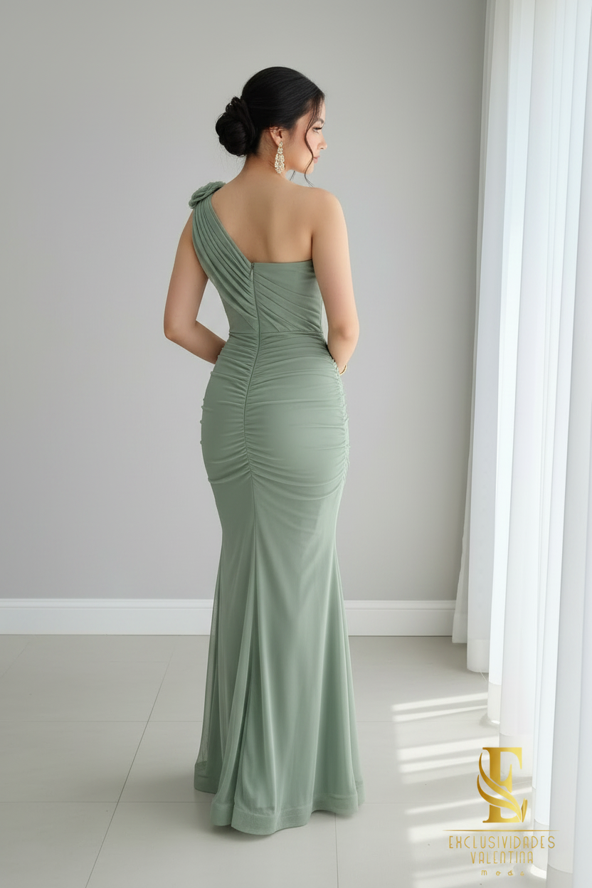 Vestido Sirena Un Hombro Verde Salvia Rosa D cod.V398