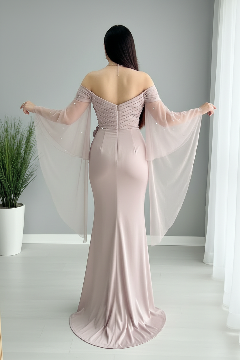 Vestido Rosa Palo Off-Shoulder Mangas Tul Largas Perlas Rosa 3D y Falda Sirena cod.778