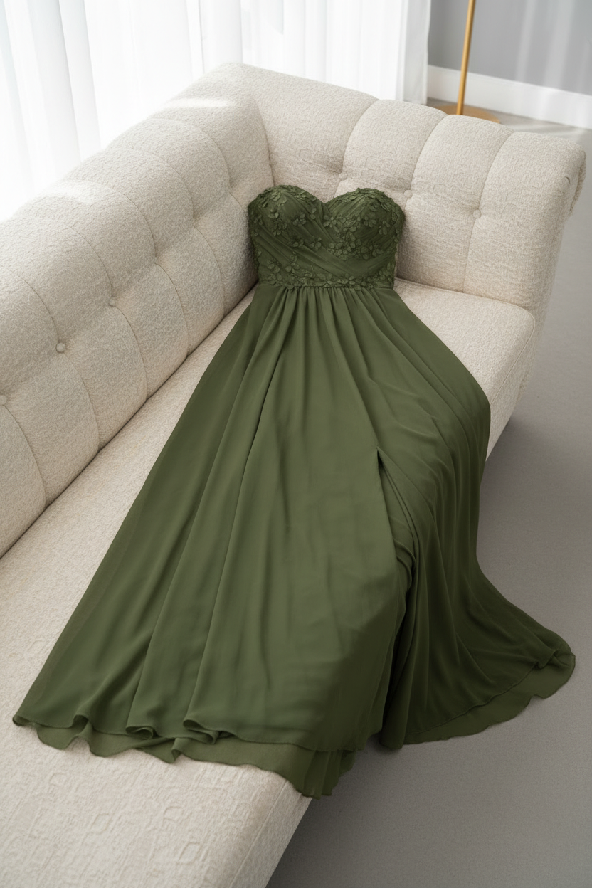 Vestido Verde Olivo Bordado Floral con Abertura cod.V642