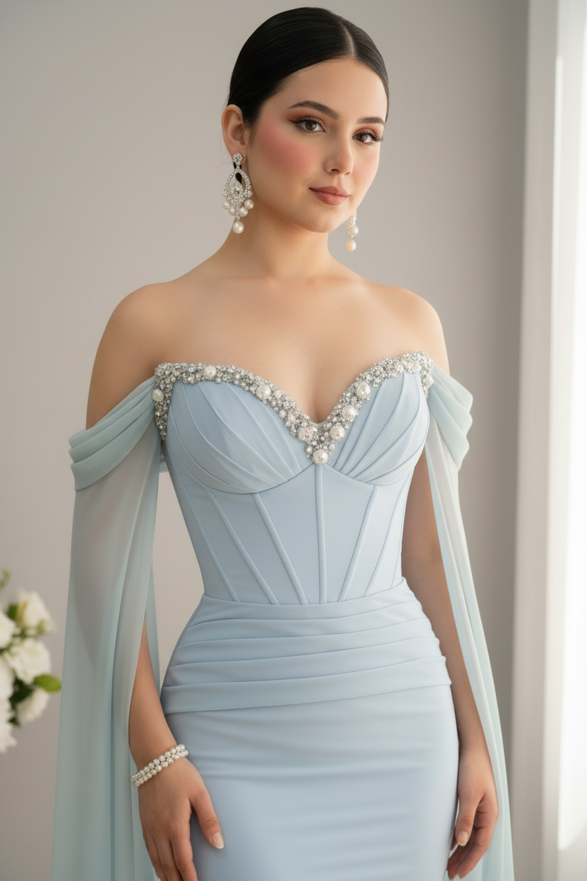 Vestido Largo Azul Celeste Off-Shoulder Corset con Cristales y Capa de Chifón cod.V961