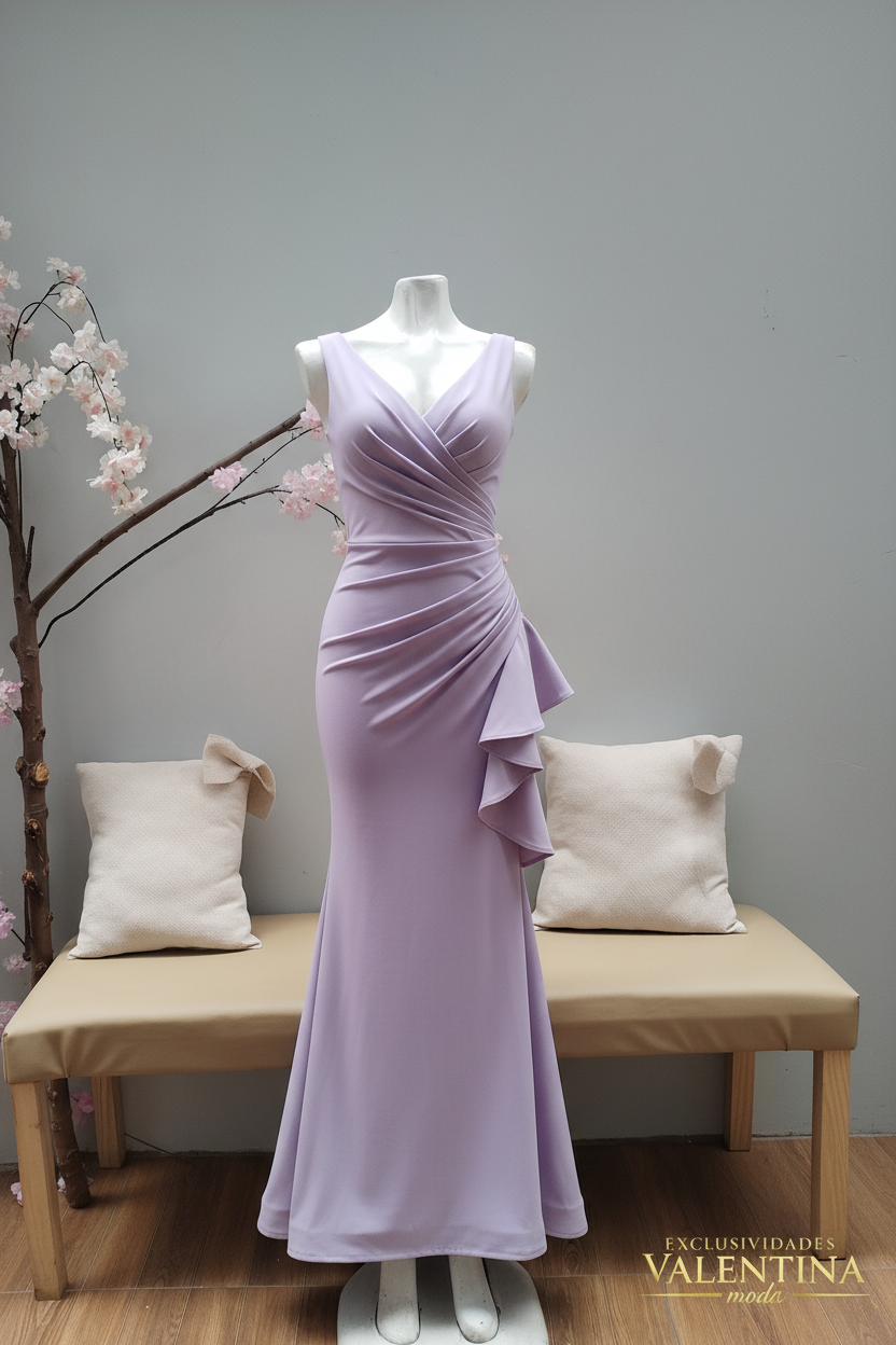 Vestido Lila Sin Mangas Sirena con Escote V y Volante Lateral cod.525