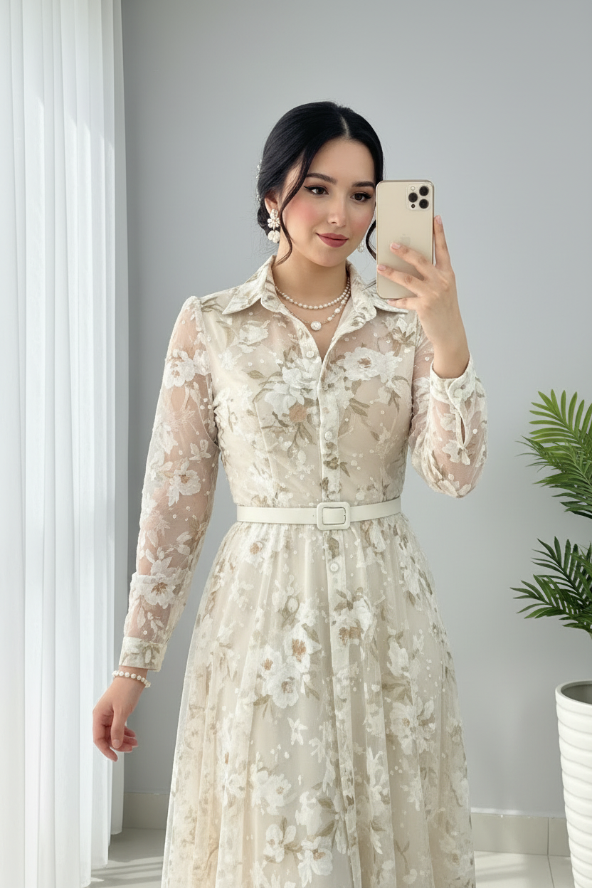 Vestido Crema Floral Bordado Tul Manga Larga Cuello Camisero A-Line cod.823