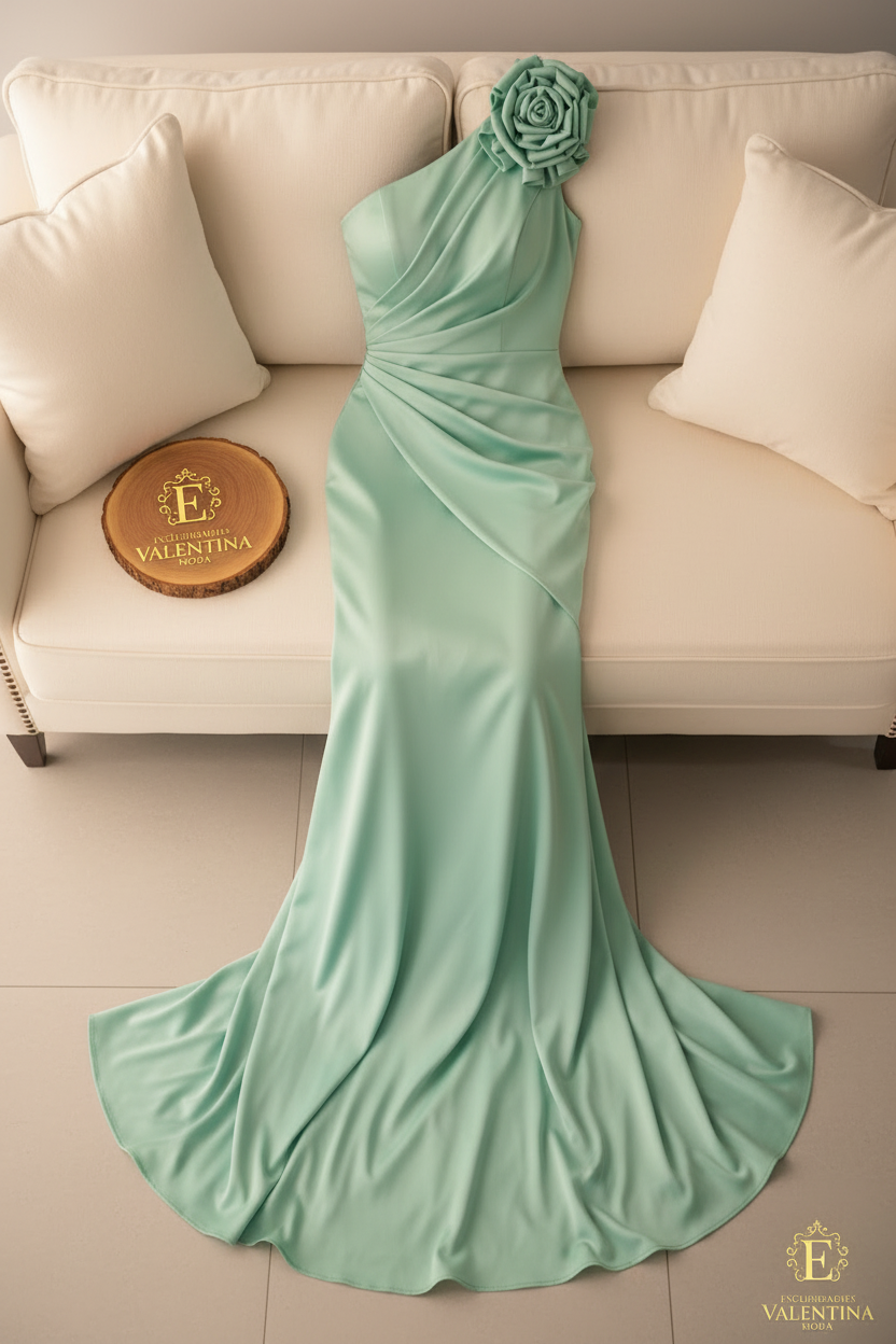 Vestido Menta Un Hombro Rosa 3D Sirena cod.921