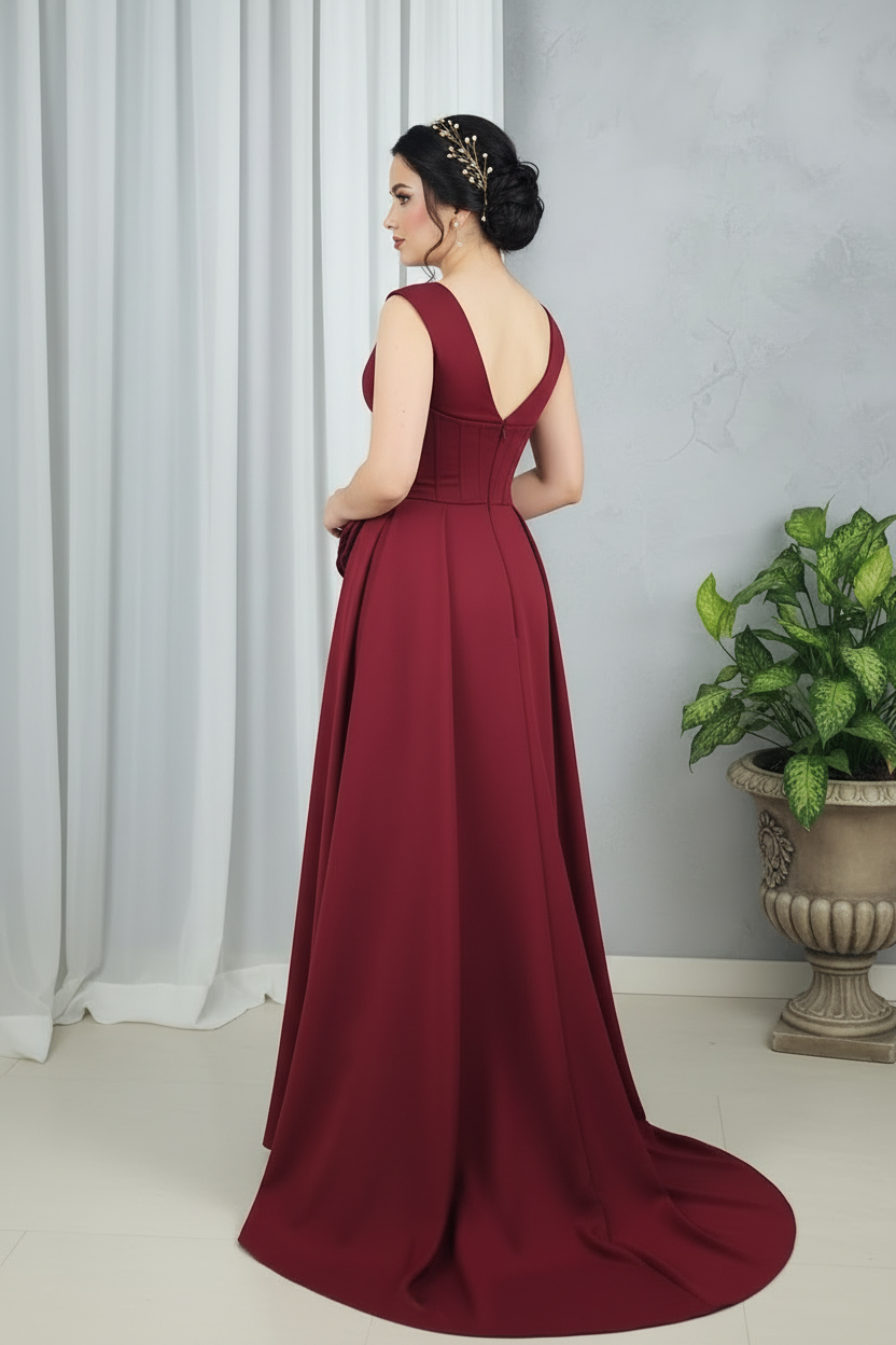 Vestido Borgoña Rosa Gigante Drapeado cod.0017