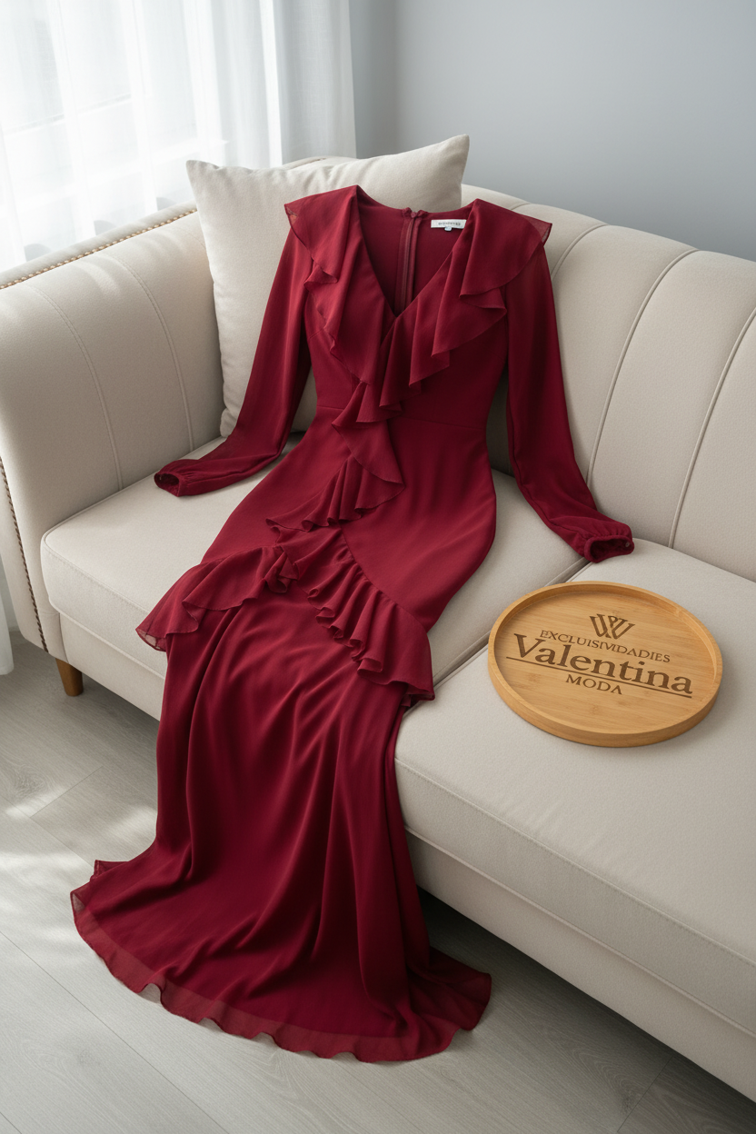 Vestido Vino Manga Larga Sirena con Volantes cod.954