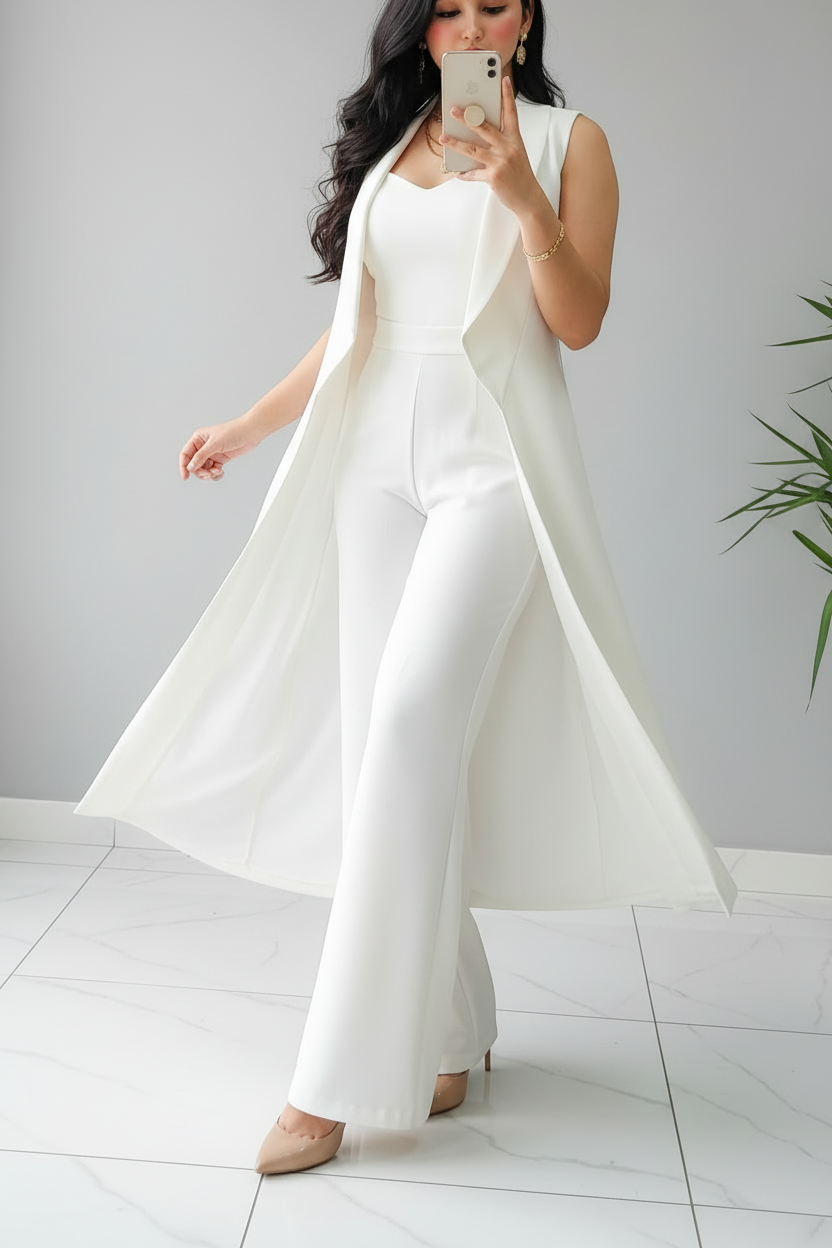 Conjunto White Duster – Top Sweetheart + Chaleco Largo + Pantalón cod.671