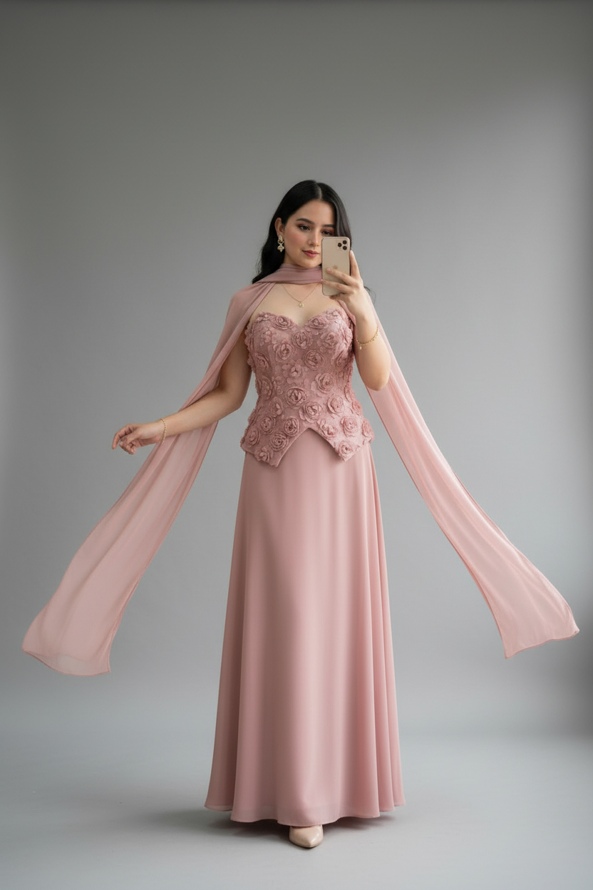 Conjunto Rosa Palo Corset con Rosas 3D y Capa cod.C640