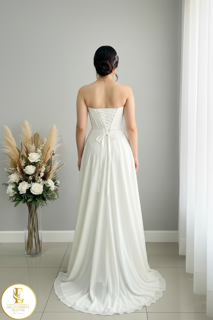 Vestido Blanco Strapless Corset Chiffon Fluido cod.V391