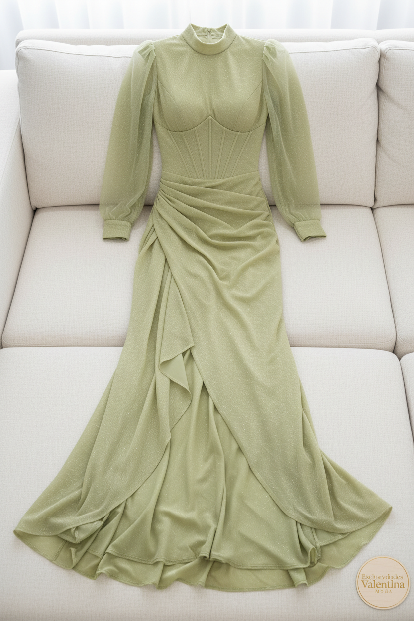 Vestido Verde Sage Cuello Alto Mangas Tul Corset y Falda Drapeada con Abertura cod.764