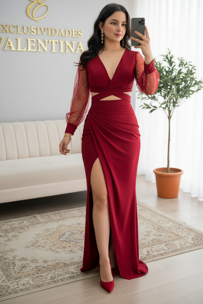 Vestido Vino Largo Escote V Mangas Tul Perlas Cut-Out Slit Gala cod.V593