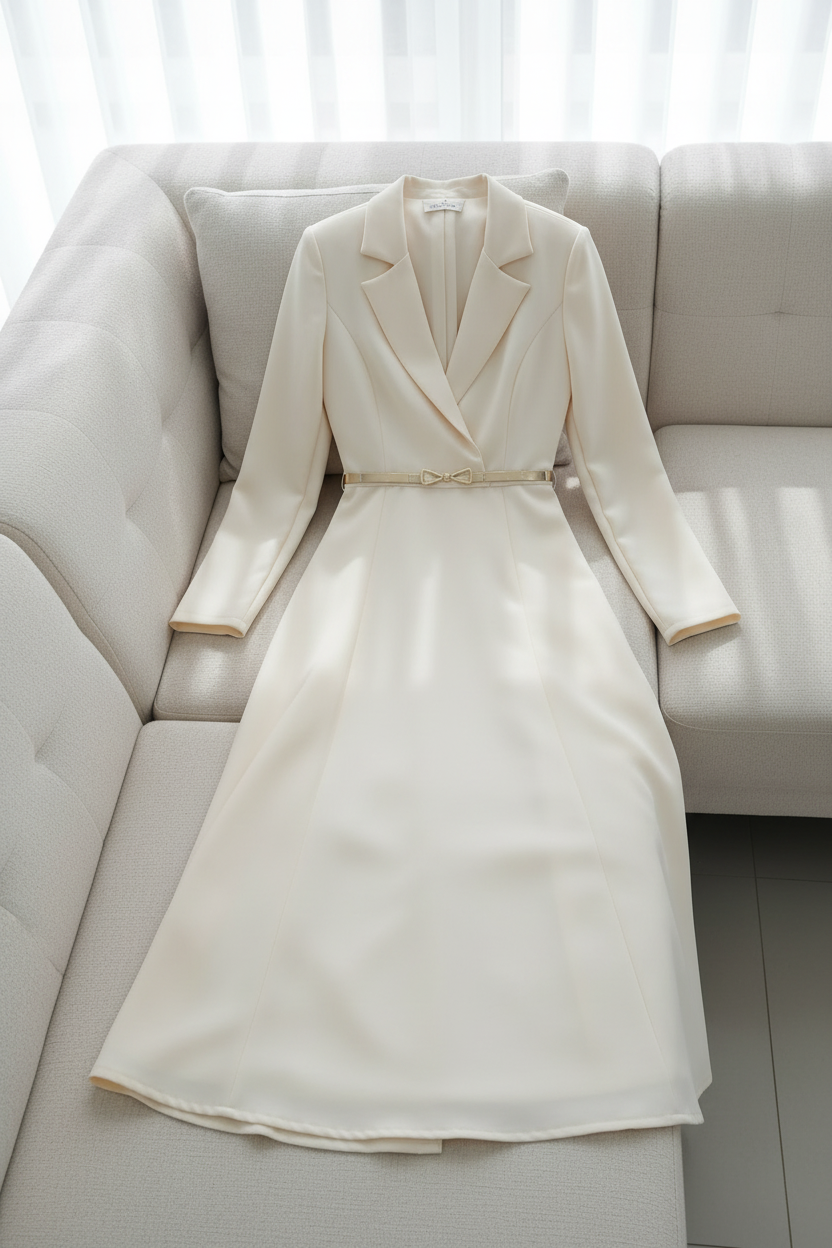 Vestido Ivory Tipo Blazer con Falda A-Line y Cinturón Dorado cod.V373