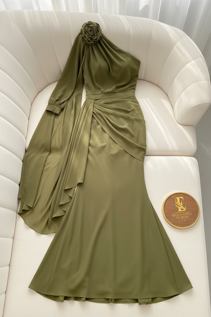 Vestido Verde Oliva Un Hombro Rosa 3D con Manga Capa y Drapeado 809