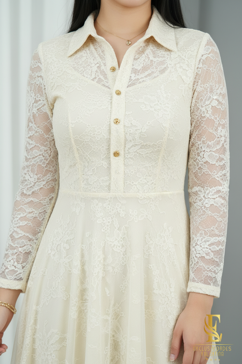 Vestido Ivory Camisero Manga Encaje con Falda de Tul cod.V283