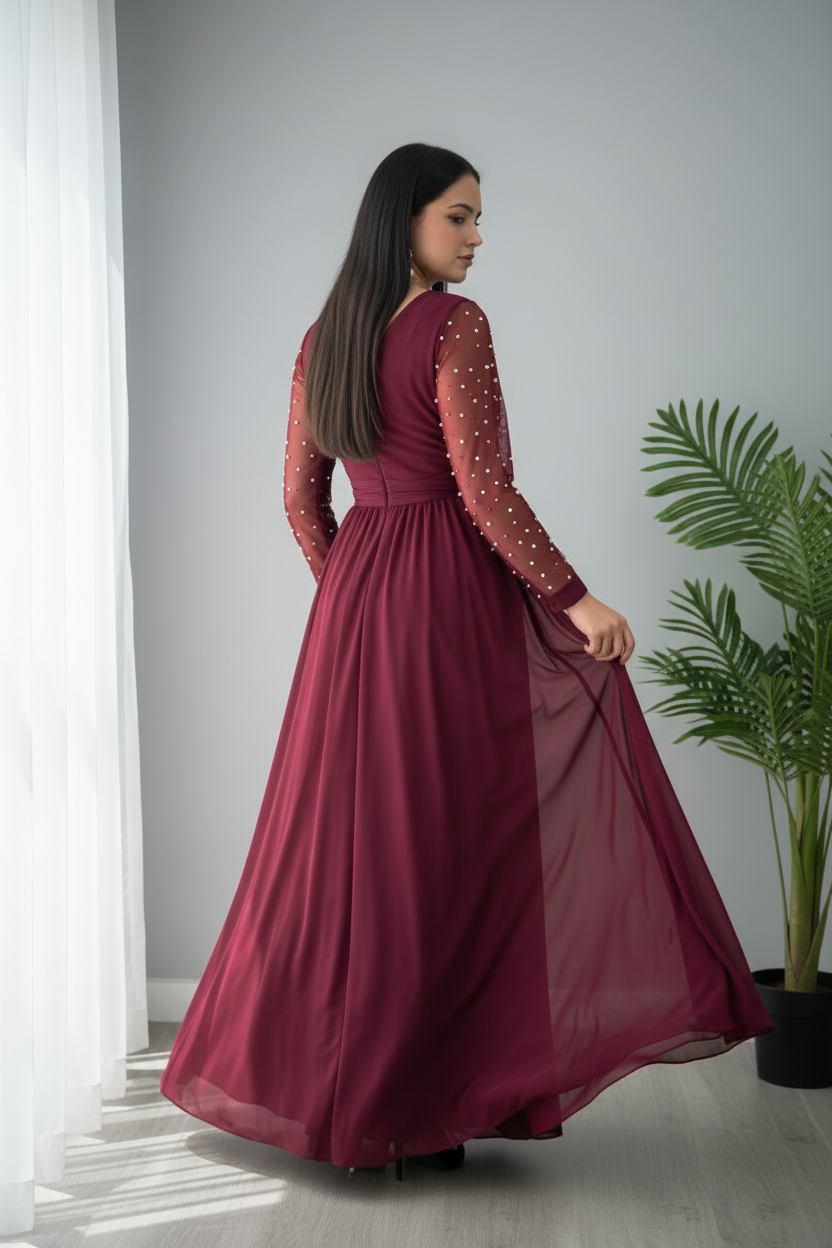 Vestido Vino Borgoña Manga Larga Tul Perlas Abertura cod.V694