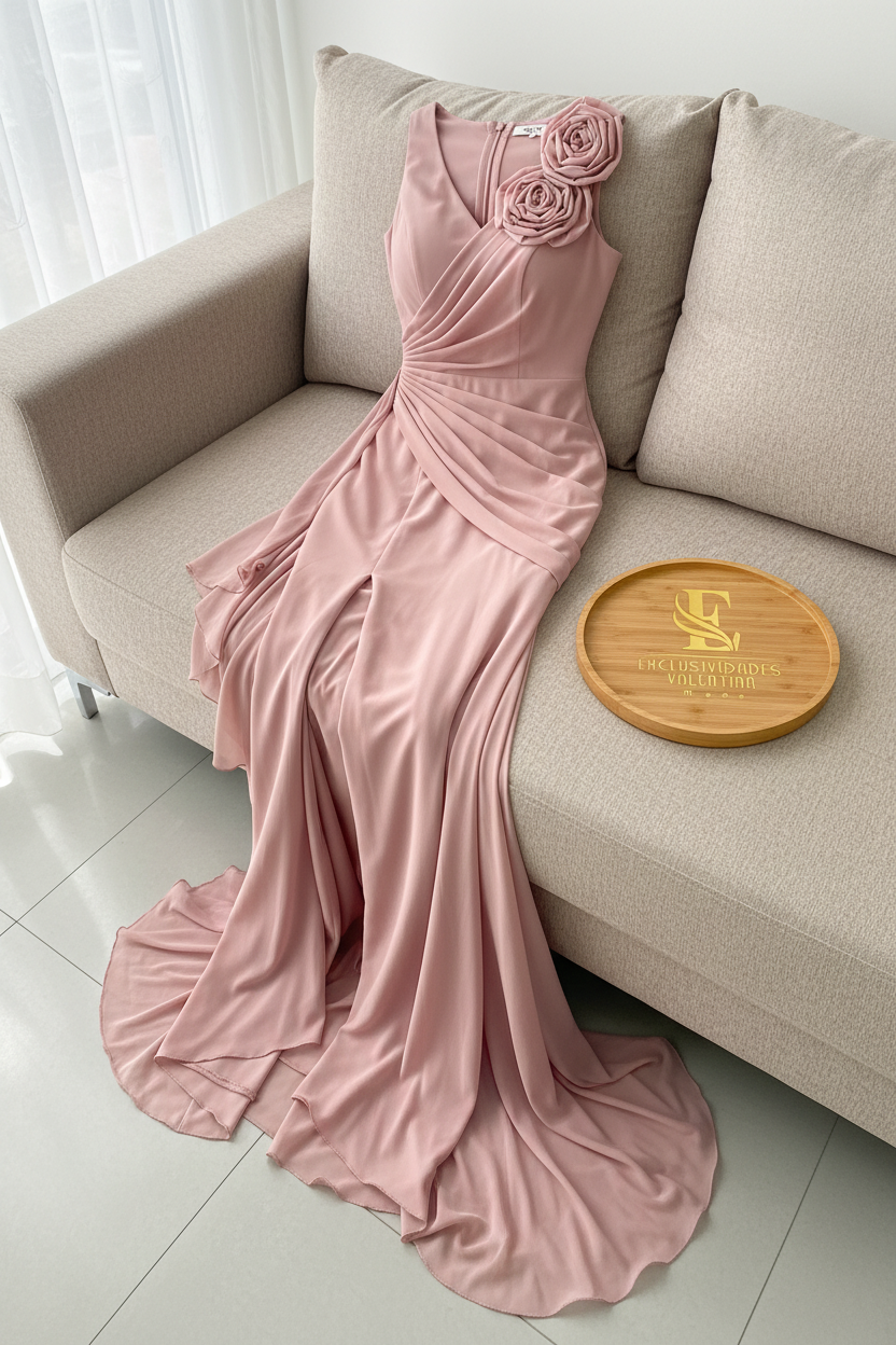 Vestido Rosa Palo Sirena con Rosa 3D y Abertura cod.961