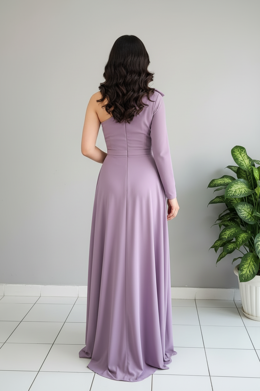 Vestido Lila Un Hombro con Lazo cod.600