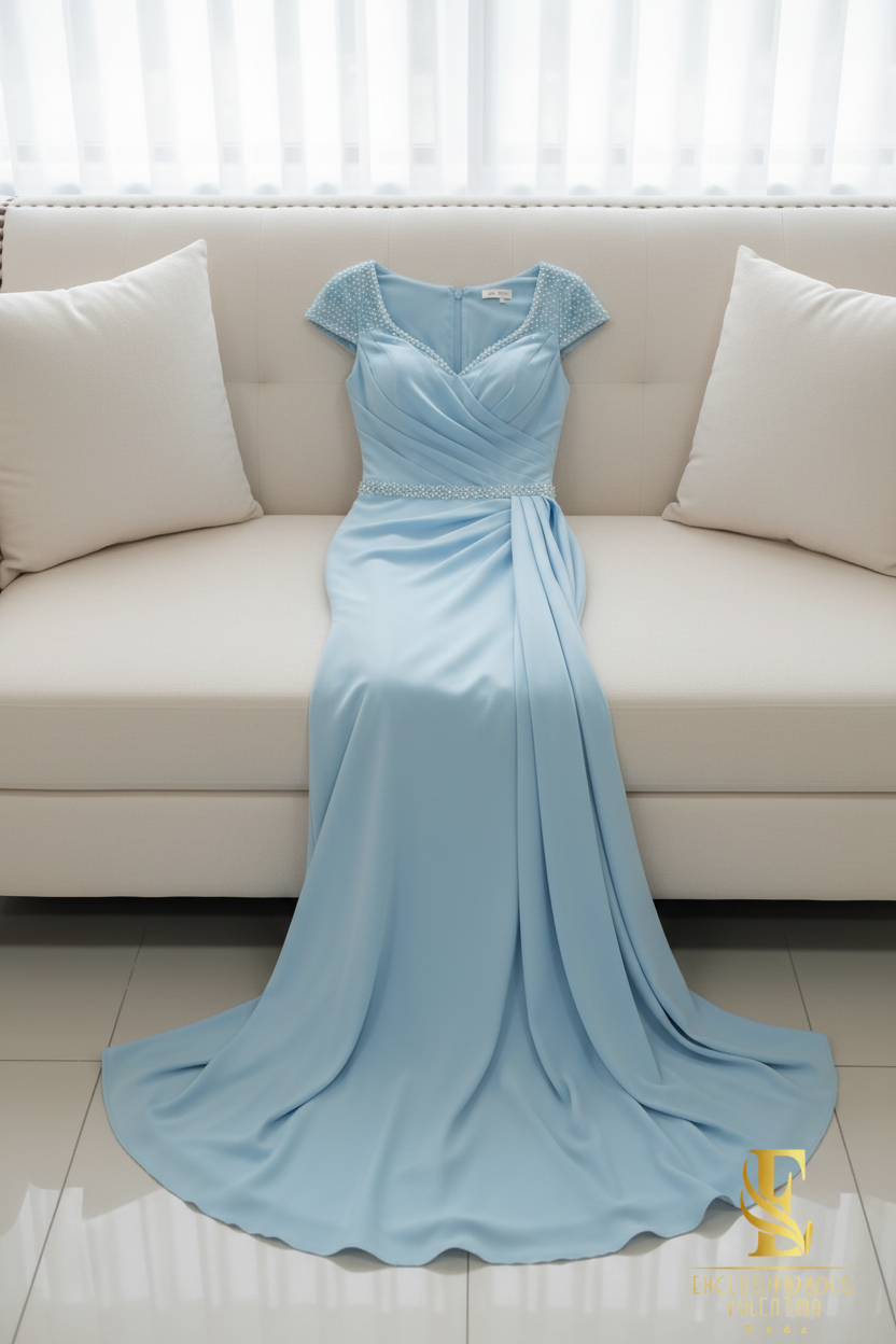 Vestido Sirena Azul Cielo con Manga Casquillo y Cinturón de Cristales cod.V244