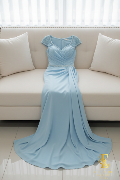 Vestido Sirena Azul Cielo con Manga Casquillo y Cinturón de Cristales cod.V244