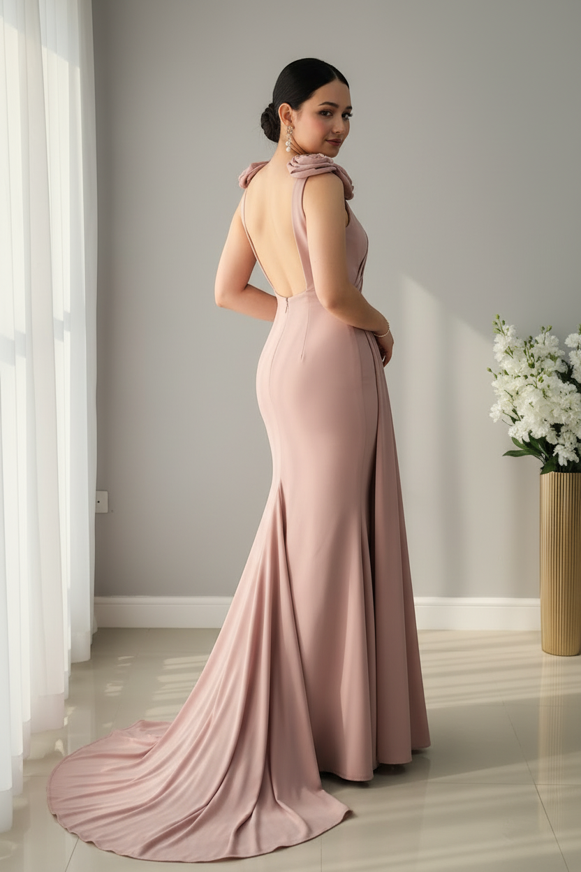 Vestido Rosa Palo Sirena Rosas 3D Hombros y Cola Lateral — Gala y Eventos de Lujo cod.0071