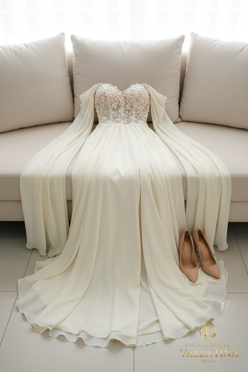 Vestido Novia Ivory Off Shoulder Mangas Fluidas Abertura cod.V401