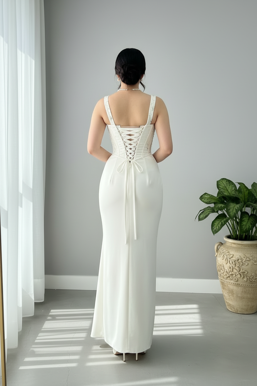 Vestido Blanco Marfil Tirantes Corset con Perlas Rosa 3D y Drapeado cod.812