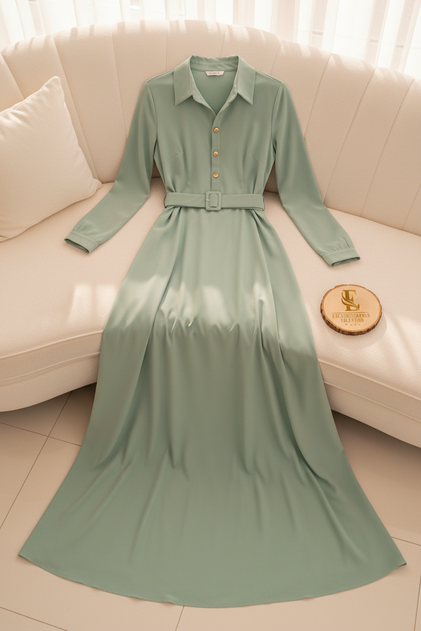 Vestido Verde Menta Liso Manga Larga Cuello Camisero Cinturon A-Line cod.825