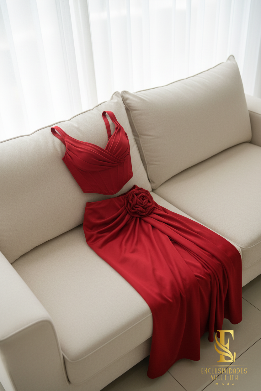 Conjunto Rojo | Corsé Cutout con Rosa 3D y Falda Drapeada cod.C447