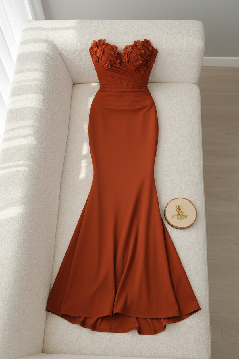 Vestido Sirena Terracota — Escote Corazón Strapless, Flores 3D & Corpiño Fruncido cod.896