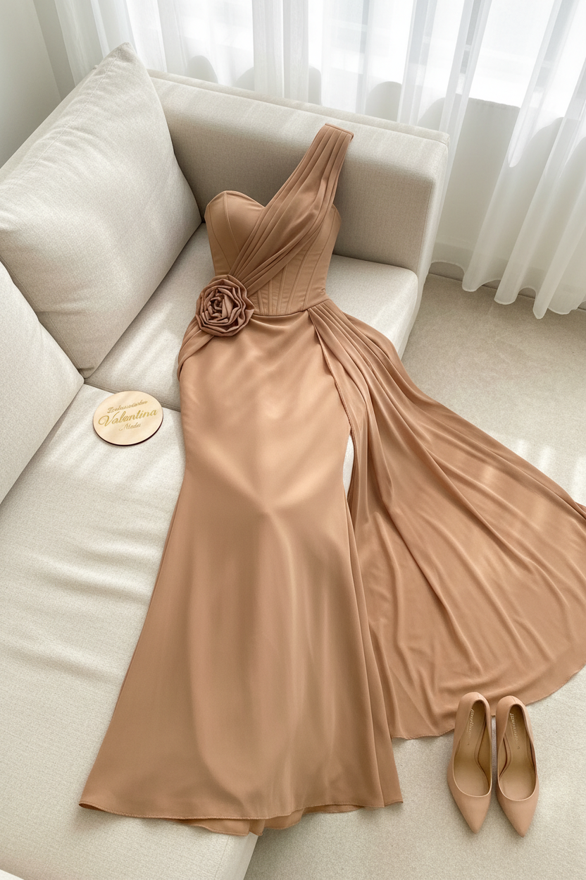 Vestido Camel Drape – Gown Un Hombro con Rosa & Panel Fluido cod.677