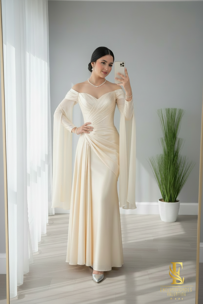 Vestido Crema Off-Shoulder con Mangas Campana cod.V666