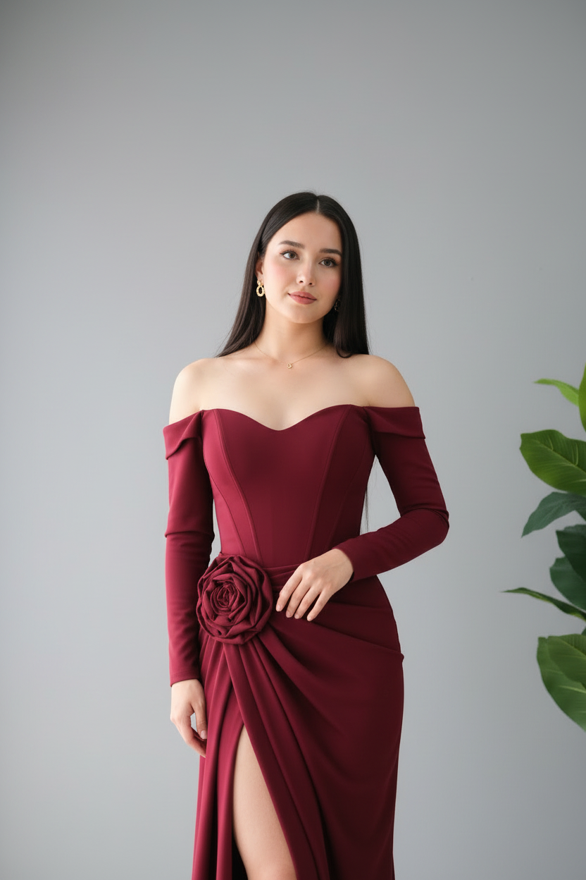 Vestido Vino Off-Shoulder Rose 3D con Drapeado y Abertura cod.624