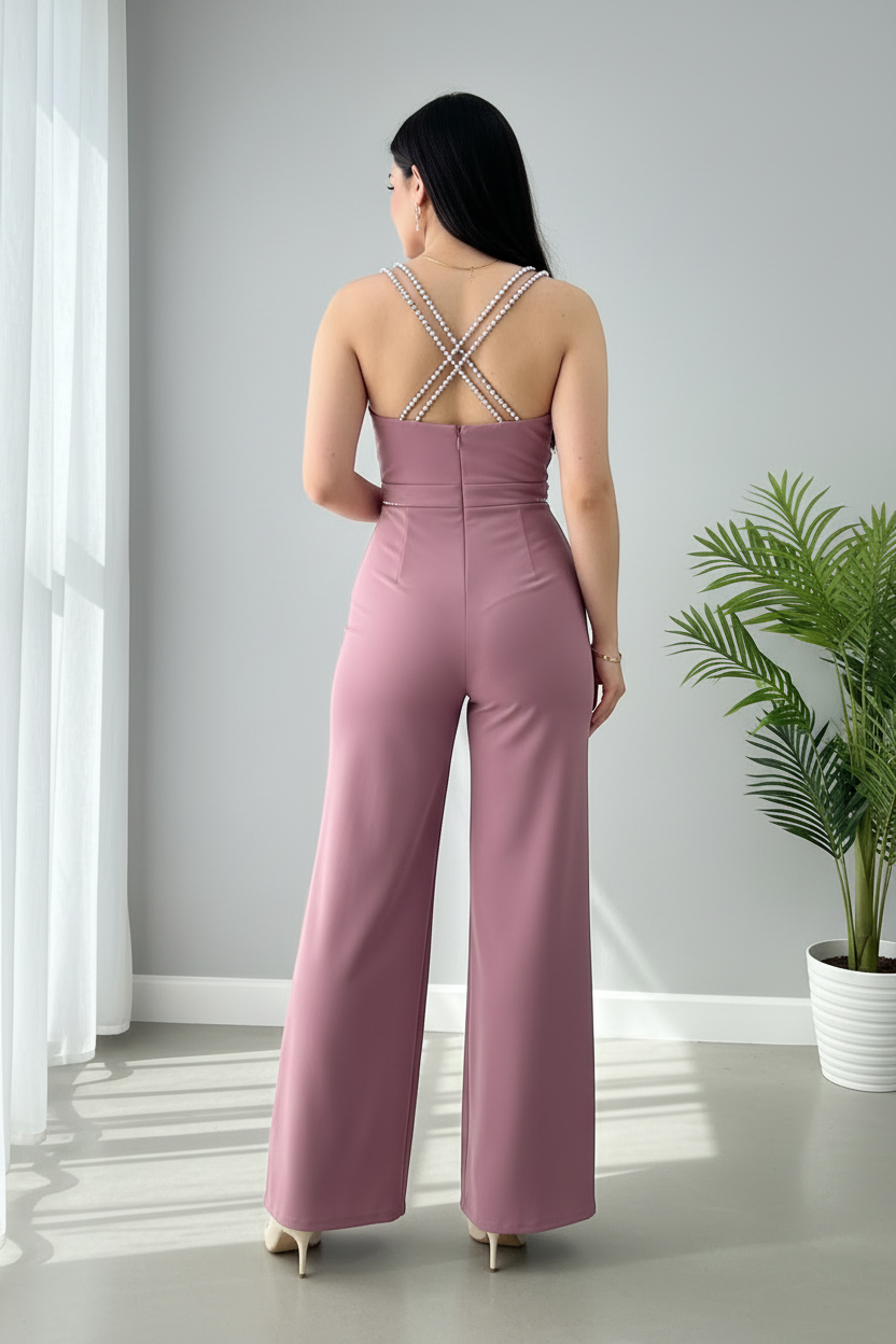 Enterizo Rosa Palo — Escote V con Tirantes de Perlas y Rosa D cod.E625