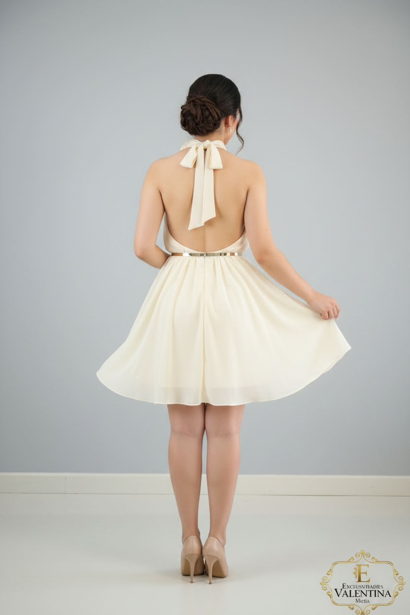 Vestido Crema Halter Rosa 3D Cinturón Dorado Falda A-line Chifón cod.938