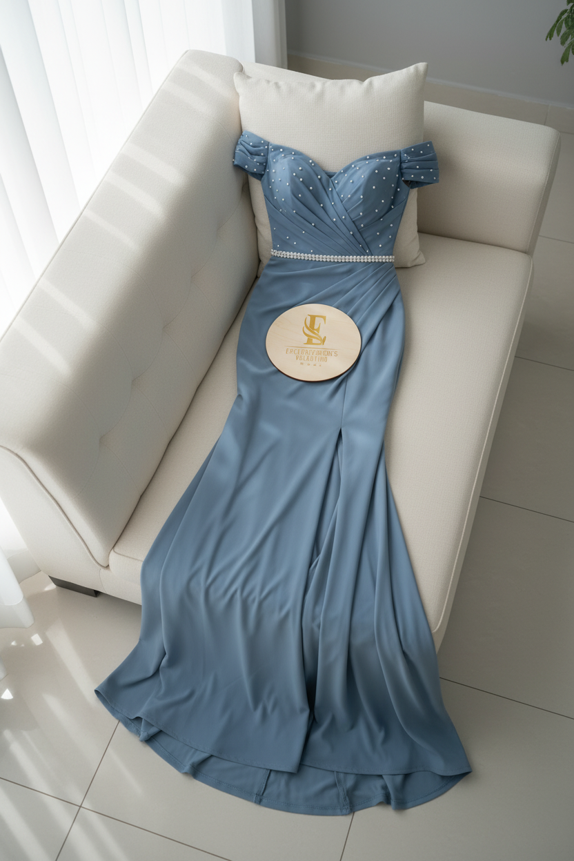 Vestido Azul Acero Sirena Off-Shoulder con Perlas y Abertura cod.0073