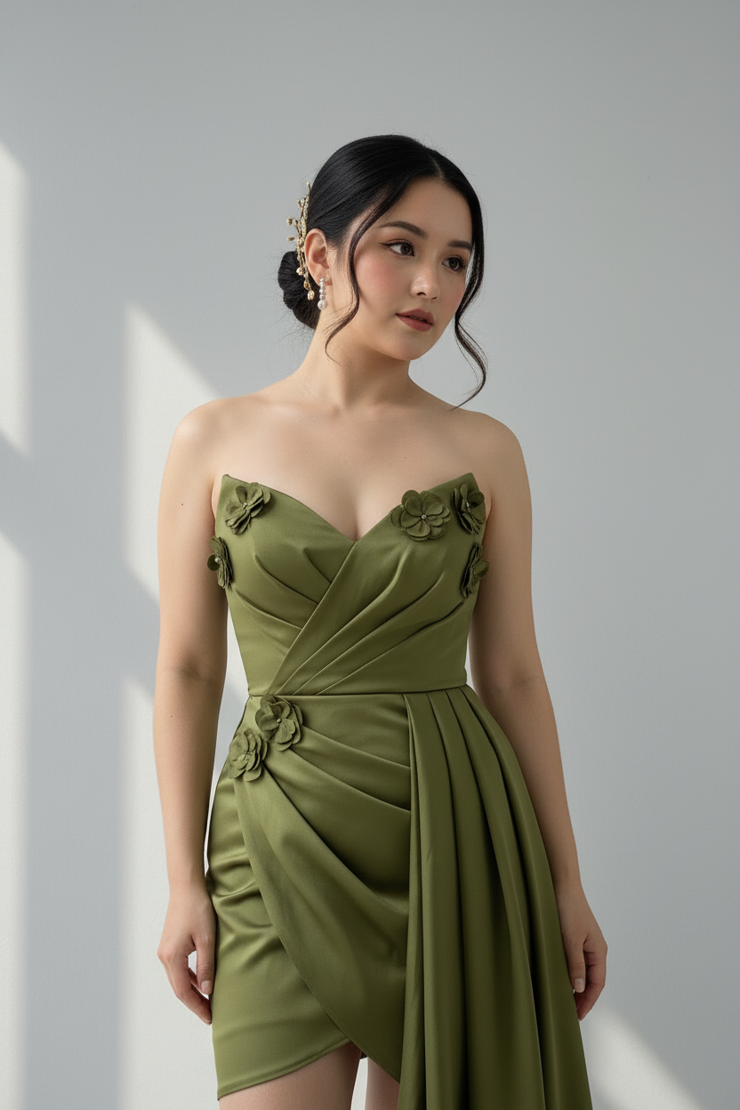 Vestido Corset Verde Olivo Flores D3 cod.V800