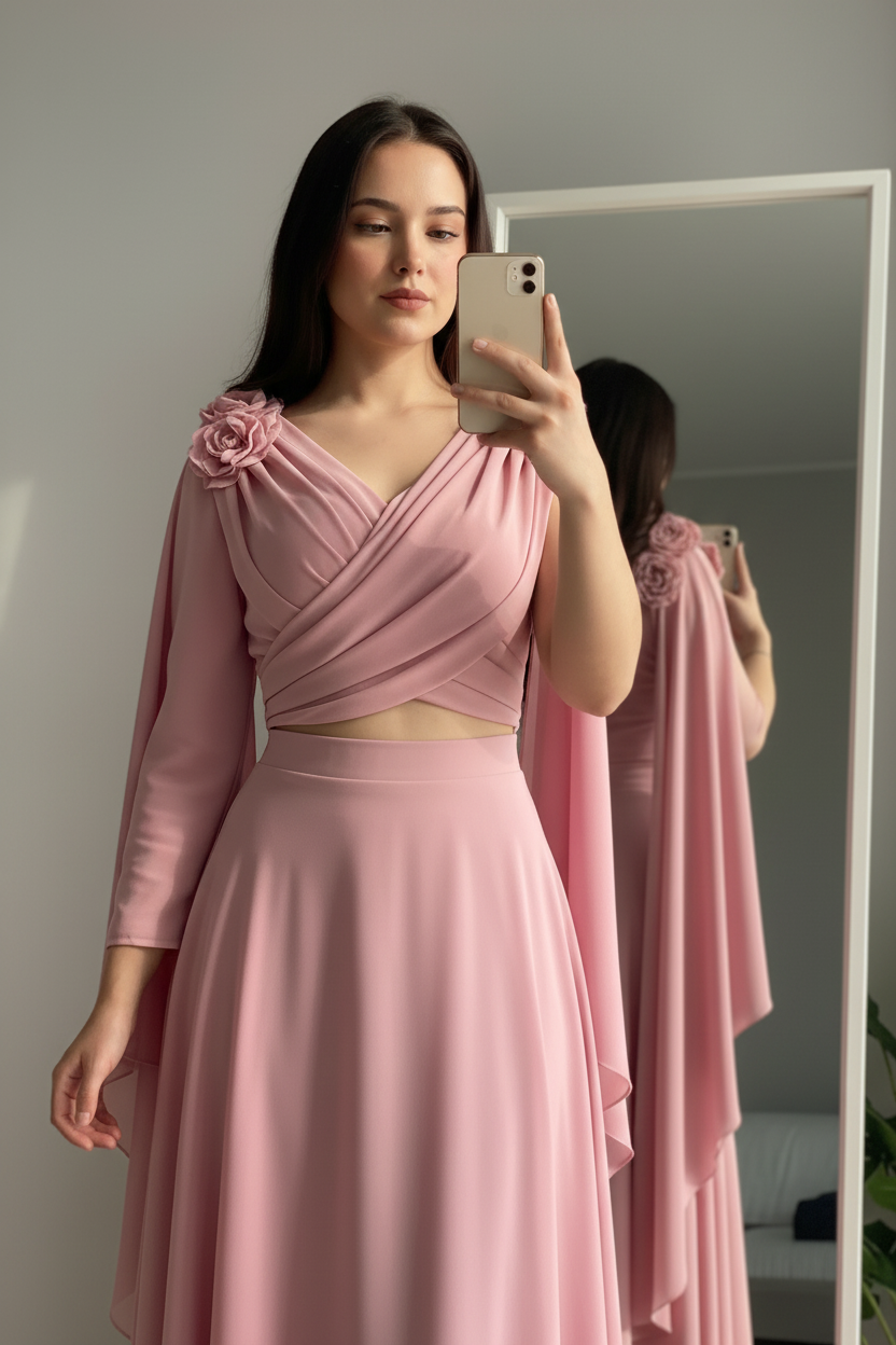 Vestido Rosa Palo Top Cruzado con Capa y Falda Amplia cod.725