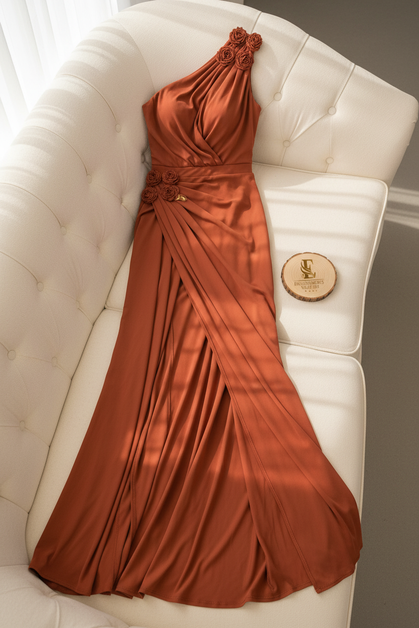 Vestido Terracota Un Hombro Rosas 3D con Abertura Lateral Alta cod.819