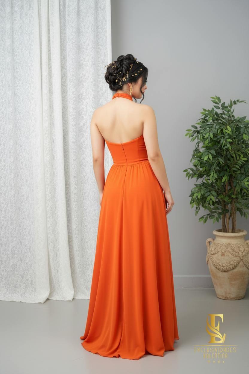 Vestido Naranja Terracota Strapless con Tira al Cuello y Abertura Alta cod.0076